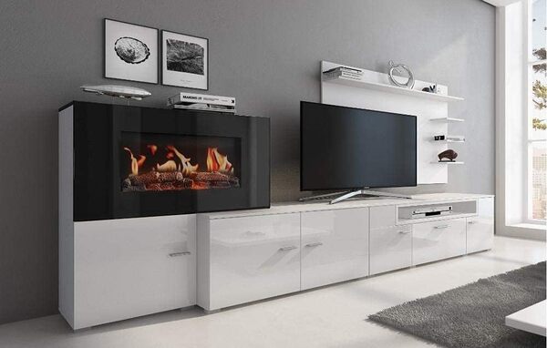 Skraut Home - Meuble de Salon avec cheminée électrique, 5 Niveaux de Flamme, Couleur Blanc Mat et laqué Blanc Brillant, 290x170x45cm