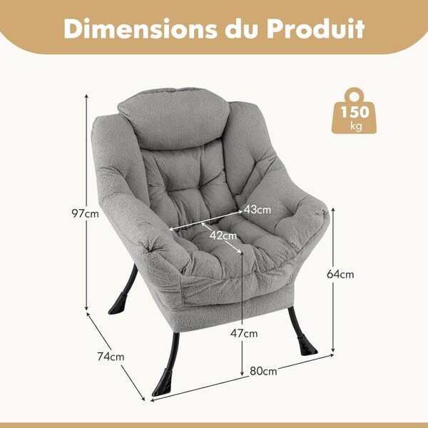 RELAX4LIFE Fauteuil Relax en Sherpa, Fauteuil Salon Design Scandinave avec Appui-tête-Poche Latérale-Patins Antidérapants pour Chambre Salon Bureau, Gris