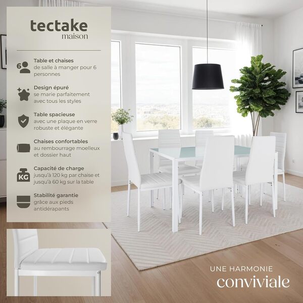 TecTake® Ensemble Table à Manger avec 6 chaises de Salle à Manger en Cuir synthétique Chaises Modernes Structure & Pieds en Acier Table Salle à Manger en Verre trempé pour Salon, Chambre, Cuisine