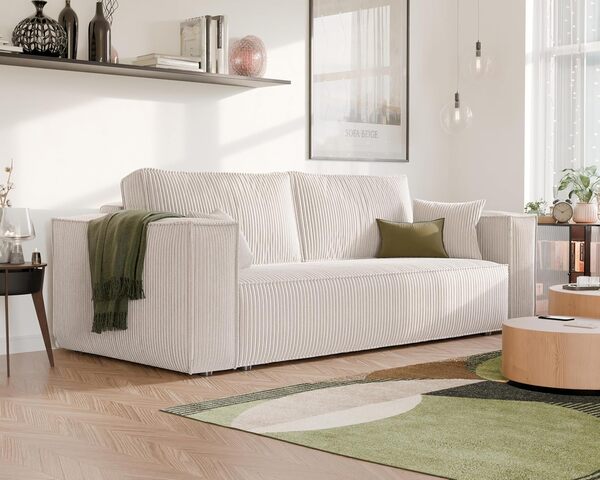 Sofa 240x105 cm - Canapé 3 Places Velours Côtelé - Beige Canapé Convertible 3 Places avec Dossier rembourré