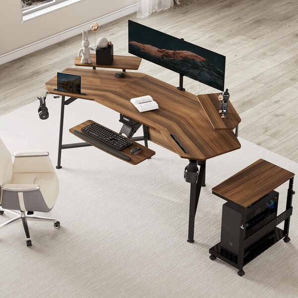 EUREKA ERGONOMIC Bureau Gaming LED 182x76cm Bureau Gamer Professionnel en Fome Aile Bureau d’Ordinateur Informatique avec Plateau de Clavier, Support d'écran, Tapis de Souris