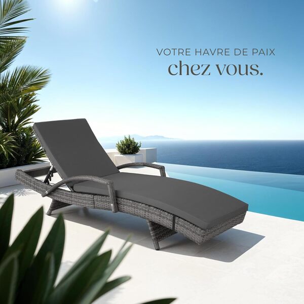 TecTake® Chaise Longue Bain de Soleil en Résine Tréssée Aluminium Résistant Dossier Inclinable sur 5 Positions, Transat Salon de Jardin Exterieur Mobilier de Jardin Chaise Longue Relax Plage