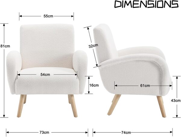 chairus Fauteuil de Loisirs en Fausse Fourrure Modern Chaise de Relaxation pour Salon Sofa de Chambre avec Pieds en Bois (Blanc)