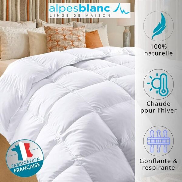 Alpes Blanc - Couette Naturelle en Plume 360g/m² - 140x200 cm – Fabrication Française – Lavable - Chaude et Respirante - Garnissage Neuf