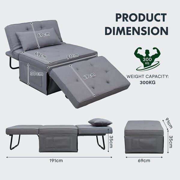 FLEXISPOT Fauteuil-lit Convertible 3 en 1 avec Dossier Inclinable, Coussin et Sac de Rangement, Chaise Longue 1 Place, Charge 300 kg, 91x69x35cm, Gris