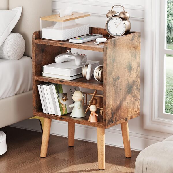 LUCKNOCK Table de nuit moderne du milieu du siècle, table de chevet en bois, table d'appoint haute à 3 niveaux avec étagères de rangement ouvertes, petite table de nuit pour chambre à coucher, chambre