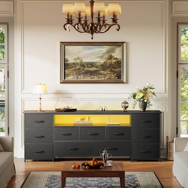 Huuger Commode de 160 cm de long avec prises de courant et lumières LED, support TV pour TV de 65, 70