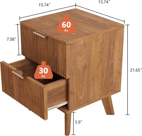 Lot de 2 tables de nuit avec tiroirs, grande table d'appoint moderne à rayures avec 2 tiroirs, table de chevet moderne du milieu du siècle avec 2 tiroirs, table de chevet avec 2 tiroirs et pieds en