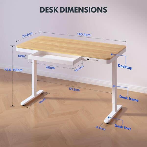 FLEXISPOT Bureau Assis Debout Électrique 140 x70cm avec Affichage LED,Fonction Mémoire et Port USB,Table Électrique avec Tiroir pour Bureau à Domicile (Érable)