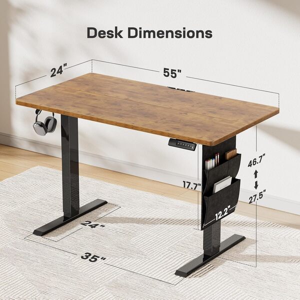 Marsail Bureau debout électrique de 140 x 61 cm, bureau d'ordinateur à hauteur réglable avec préréglages de mémoire, sac de rangement et gestion des câbles pour bureau à domicile et postes de travail