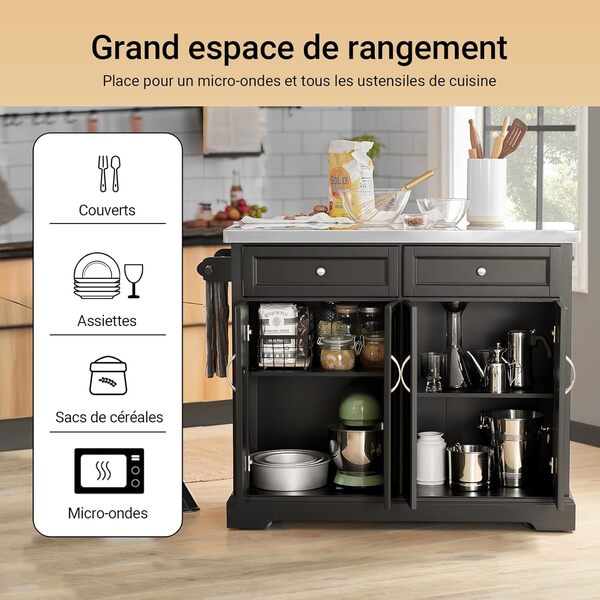 SoBuy Desserte de Cuisine à Roulettes – Îlot Central avec Plan de Travail Extensible, 2 Tiroirs et Étagères Réglables – Chariot Mobile pour Cuisine ou Salle à Manger, Noir, 115x92x(46-71)cm, FKW71-SCH