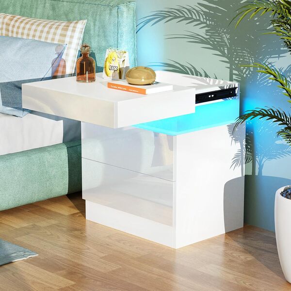 Table de Chevet Lot de 2, Chevet de Lit avec lumière LED, Table de Nuit avec 2 Tiroirs et Rangement à Rabat supérieur pour Chambre à Coucher, Salon (Blanc, 45x35x52cm)