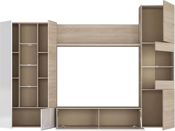Dmora - Système mural Raleigh, Meuble TV modulaire pour salon, Composition de salon avec éléments muraux et vitrines et lumière LED, 260x42h185 cm, Chêne et Blanc