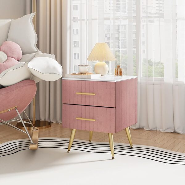 WOLTU Table de Chevet avec 2 Tiroirs de Rangement en Velours Table de Nuit Meuble pour Chambre à Coucher Salon en MDF, Installation Facile 40,5x41x51cm, Rose TS134rs