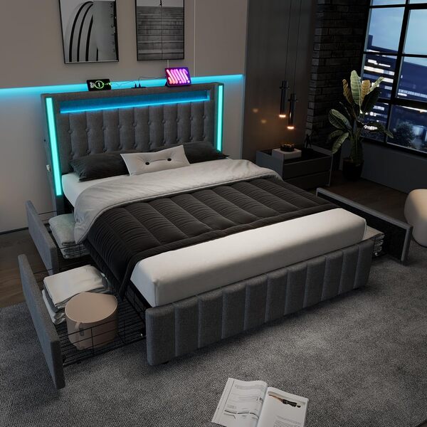 Lit Rembourré Lit Double 140x200, Lit Adolescent Lit Coffre avec 4 Tiroirs&LED Tête de Lit&USB Typ C, Lit Capitonné Lit Fonctionnel Lit Adulte Cadre de Lit avec Sommier à Lattes, Lin,Avec Matelas,Gris