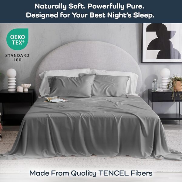 Olive + Crate Parure de lit 4 pièces 100 % tencel eucalyptus – Draps super doux et rafraîchissants – Poche profonde jusqu'à 40,6 cm – Drap-housse et 2 taies d'oreiller – Gris pierre