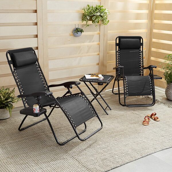 Amazon Basics Lot de 2 Fauteuils Relax Pliants avec Table D’appoint, Noire