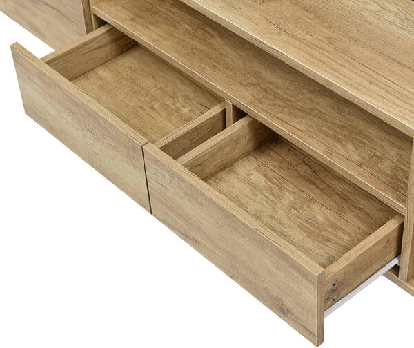 Sweiko Meuble TV bas avec éclairage LED, commode avec beaucoup d'espace de rangement, forme unique avec surfaces en verre, design moderne (blanc brillant et couleur bois)