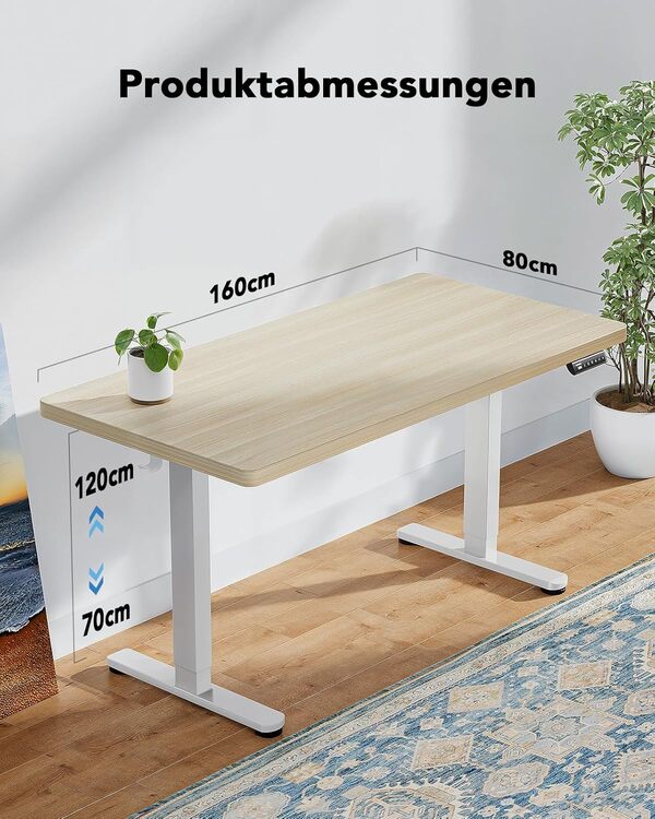 HUANUO Bureau réglable en hauteur - 160 x 80 cm - Plateau entier de 25 mm avec moteur sans balais - Ergonomique - Montage facile - Pour bureau à domicile