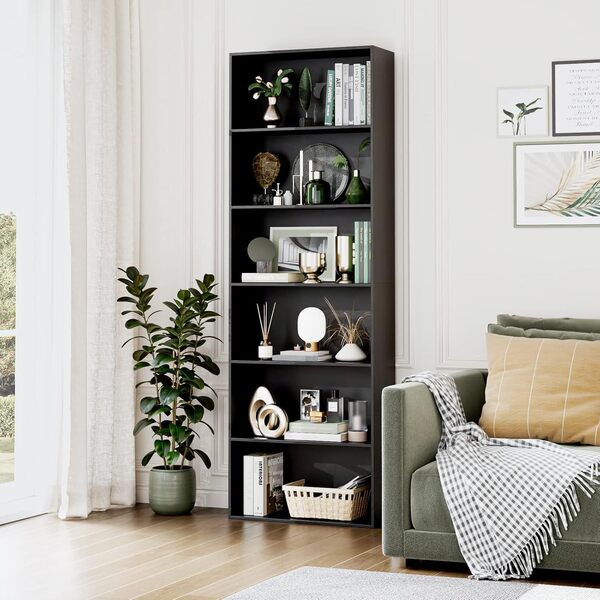 FOTOSOK Bibliothèque ouverte à 6 niveaux - Étagère de rangement autonome - Grande bibliothèque pour chambre à coucher, salon et bureau - Noir