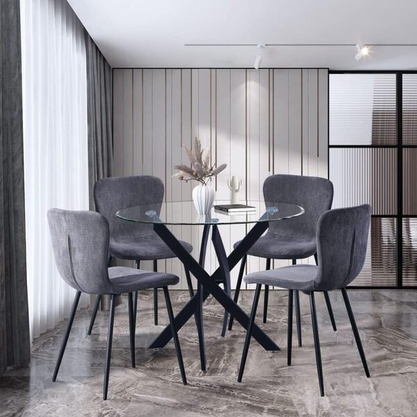 GOLDFAN Table Ronde avec 4 Chaises, Ensemble Table en Verre et Chaises Lot 4 Velours Gris