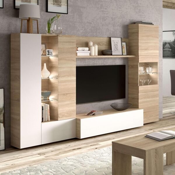 Meubles de Salle à Manger avec LEDs, Meubles de Salle de séjour, Modèle Essential, Finis en White Gloss et Canadian Oak, Mesures : 260 cm (L) x 185 cm (H) x 42 cm (P)