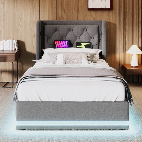 Lit simple rembourré, 90 x 200 cm, LED, hydraulique, coffre de rangement, fonctionnel, cadre de lit avec espace de rangement et sommier à lattes, tête de lit avec fonction de charge USB de type C,