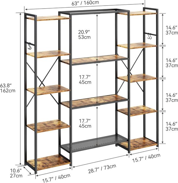 YITAHOME Bibliothèque, Étagère Industrielle avec 13 étagères, Étagère sur Pied, Bibliothèque en Bois et Cadre en métal, Étagère de Rangement, pour Salon, Bureau à Domicile, Marron Rustique