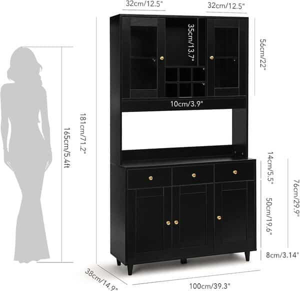 VOWNER Buffet de Cuisine, Vaisselier, Armoire de Cuisine, Buffet Salon Rangement, 5 Étagères Réglables, 5 Placards, 100 x 38 x 181 cm, MDF (Noir)