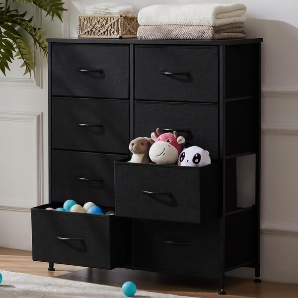 DUMOS Commode pour chambre à coucher avec 8 tiroirs en tissu, grande commode pour vêtements, placard, chambre d'enfant, tour de rangement avec armoire, cadre en métal, dessus en bois, mobilier de