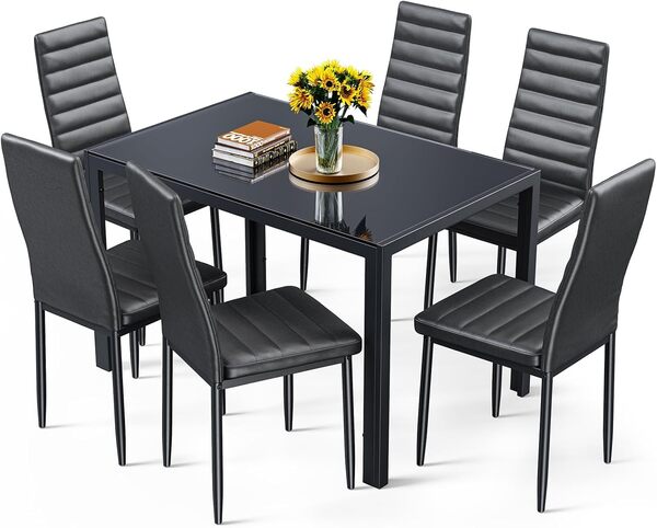 Bealife Table à Manger avec 6 Chaises, Table Rectangulaire en Verre Trempé et Chaises en Similicuir pour Salon, Chambre, Cuisine – Noir