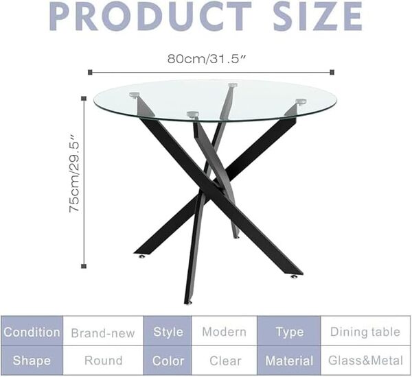 GOLDFAN Table Ronde avec 4 Chaises, Ensemble Table a Manger en Verre 80 cm et Chaises Lot 4 Gris de Style Modern (Noir + Gris)