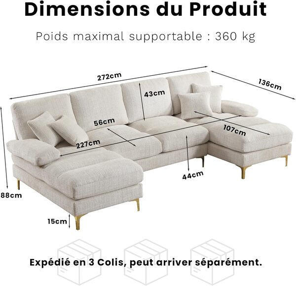 SoarFlash Canapé Sectional en Chenille 4 Places en Forme de U, Fonction de Repos Double, Cadre en Bois Solide & Pattes en Métal Doré, Beige