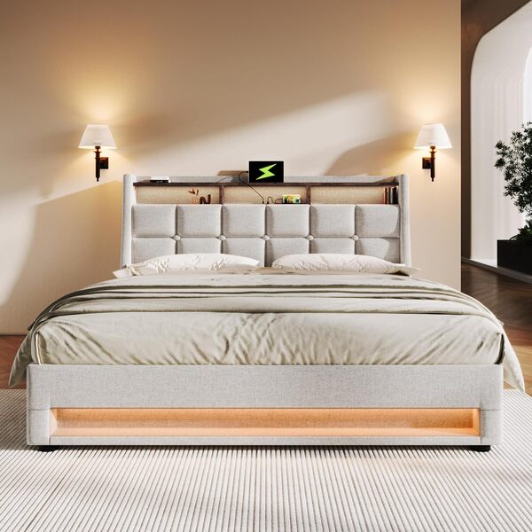 Lit Coffre Sommier LED USB 140x200 - Rangement Tête de Lit Rembourré Lattes 2 Pers.