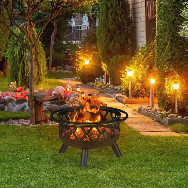 Relaxdays Brasero avec Protection étincelles, Jardin et terrasse, tisonnier, Foyer extérieur, en Acier; D 75 cm, Noir