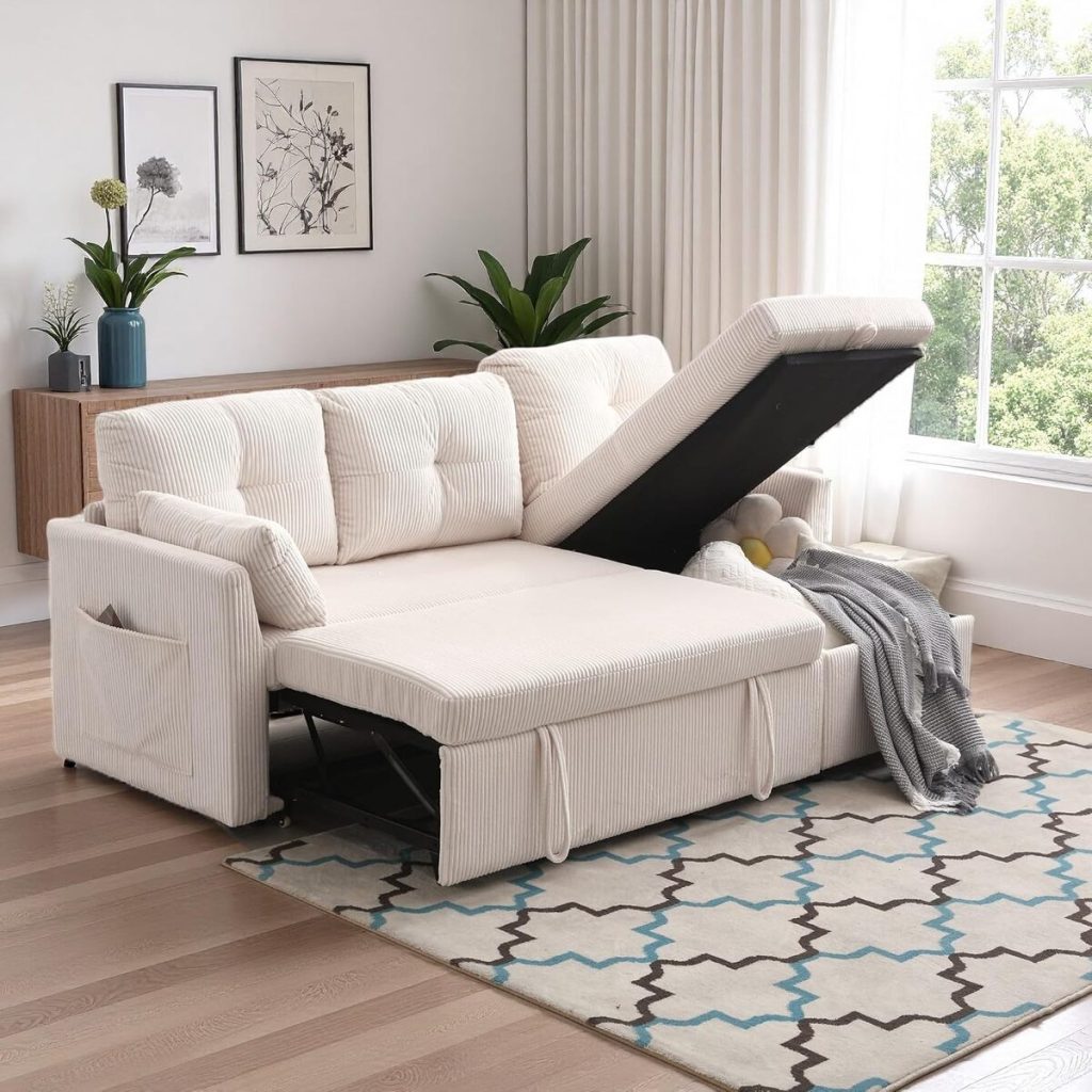 Test du canapé d'angle convertible Sapgaks avec rangement et poches accoudoirs en velours rose