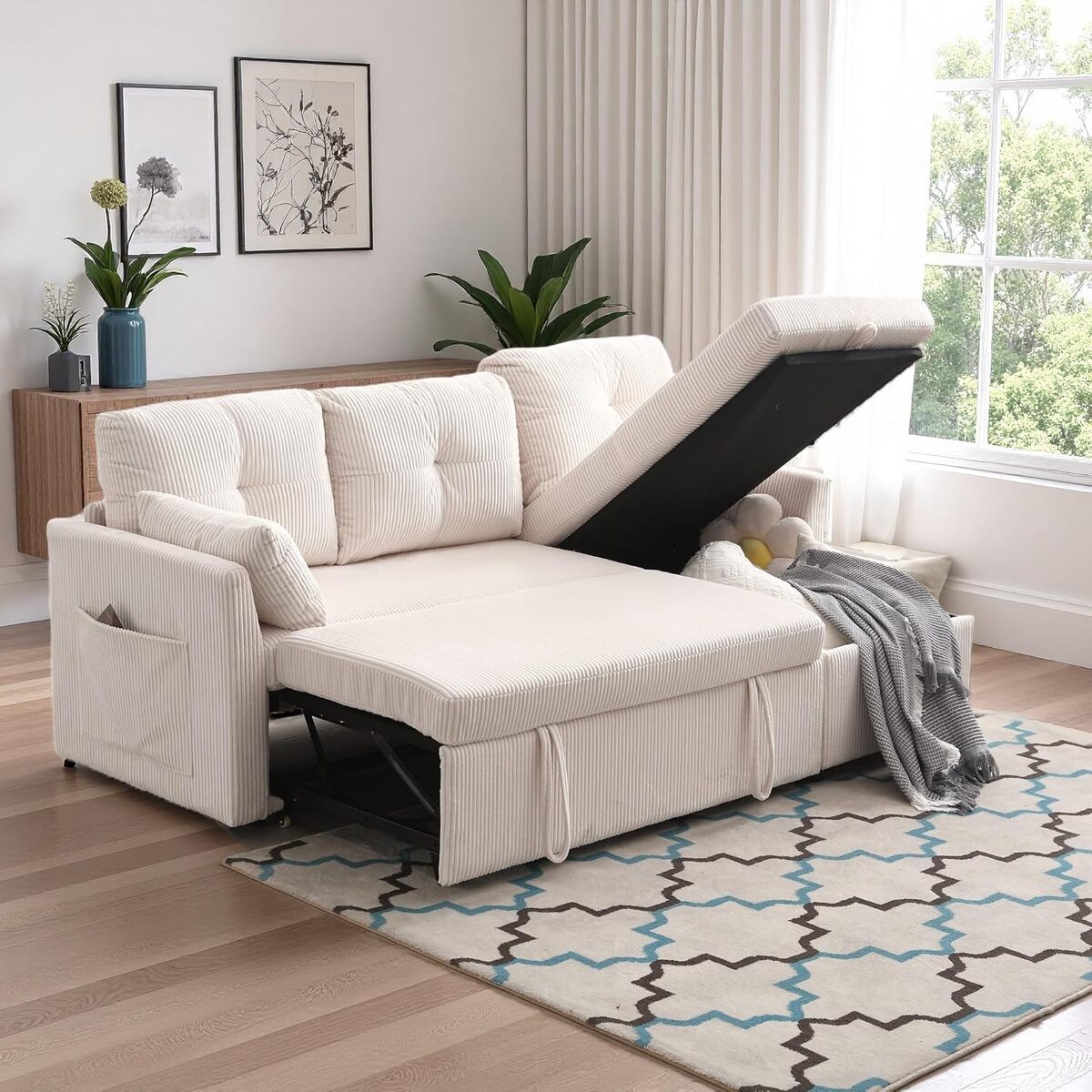 Test du canapé d'angle convertible Sapgaks avec rangement et poches accoudoirs en velours rose