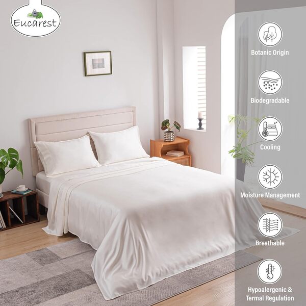 Draps de lit en eucalyptus lyocell hypoallergénique, 100 % Tencel bio, régulation thermique et évacuation de l'humidité pour les dormeurs chauds, qualité supérieure, poches très profondes – Grand lit