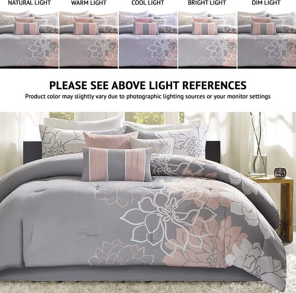 Madison Park Respirante, Housse Douce, imprimé Moderne, literie Confortable Alternative au Duvet Toutes Saisons avec taies Assorties, Coton, Gris/Blush, 7 pièces, lit Simple/Double XL