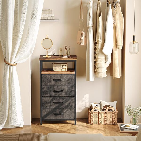 Huuger Table de nuit avec station de charge, commode à 4 tiroirs pour chambre à coucher, table de chevet, table de chevet de 85 cm de haut avec étagère ouverte, table d'appoint, pour placard, entrée,