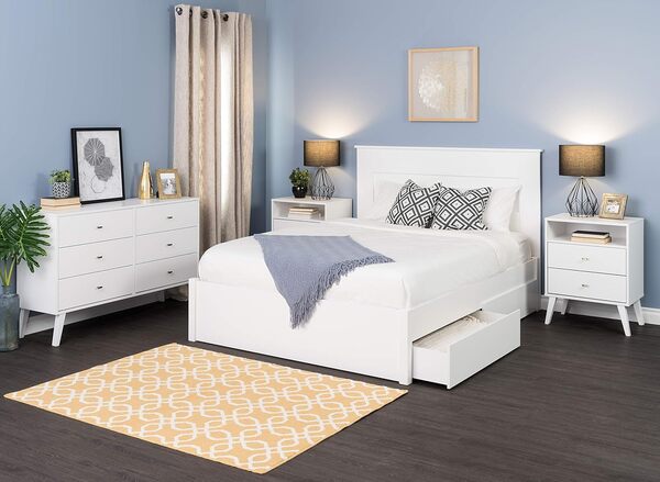 Prepac Milo Table de nuit moderne 2 tiroirs avec étagère ouverte Blanc
