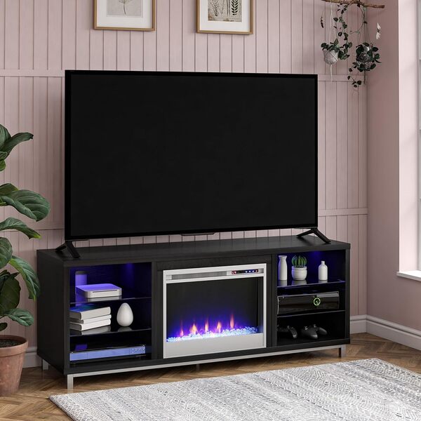 Ameriwood Home Meuble TV avec cheminée Lumina, chêne Noir, pouvant accueillir des téléviseurs jusqu'à 70 Pouces, Meuble multimédia Moderne avec éclairage LED RGB