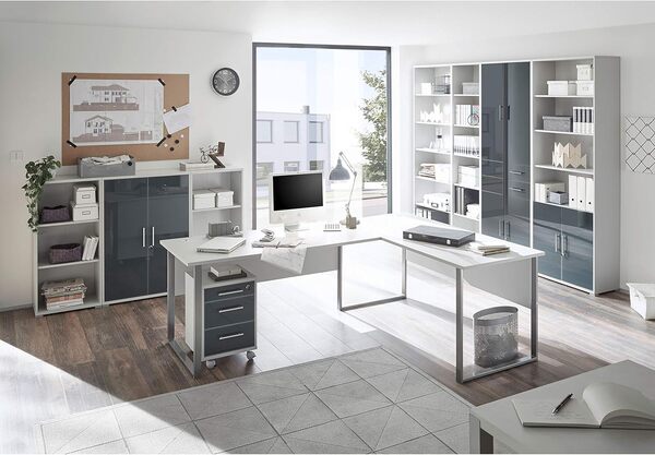 Stella Trading Office Lux Bibliothèque verrouillable, Gris avec devanture en Verre laqué Graphite - Meuble de Bureau avec étagères & Portes - Set Complet Moderne - 79 x 220 x 35 cm (l/h/p)