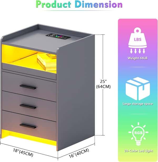 Lvifur LED Table de Chevet avec Station de Charge, Meuble de Chevet avec 24 Couleurs à Intensité, Commode avec 3 Tiroirs Variable Capteur Automatique USB Type-C Chambre à Coucher Salon Gris
