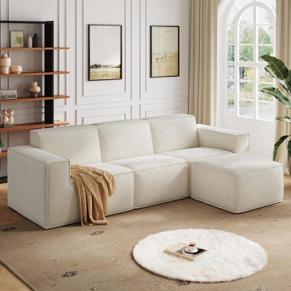 LINSY Home Canapé d'angle Convertible modulable en Forme de L, canapé 3 Places avec méridienne, canapé sectionnel, pour Salon, 266 cm, Aucun Montage requis, Beige
