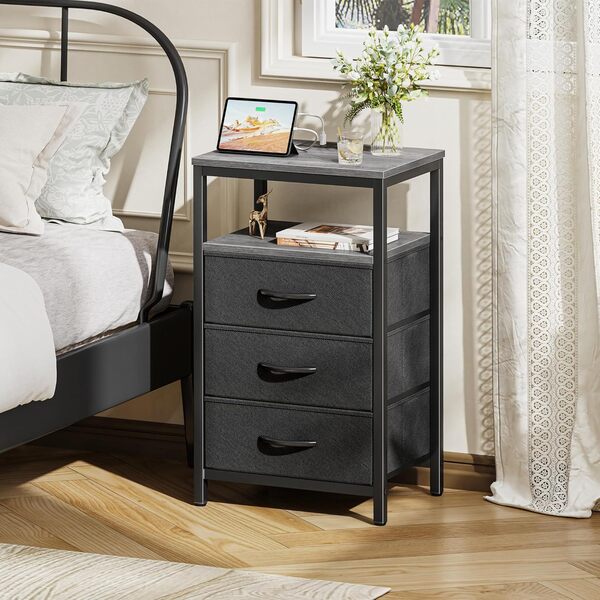 Huuger Table de nuit avec station de charge, table de chevet de 70 cm avec ports et prises USB, tiroirs en tissu, table de nuit pour chambre à coucher, gris anthracite
