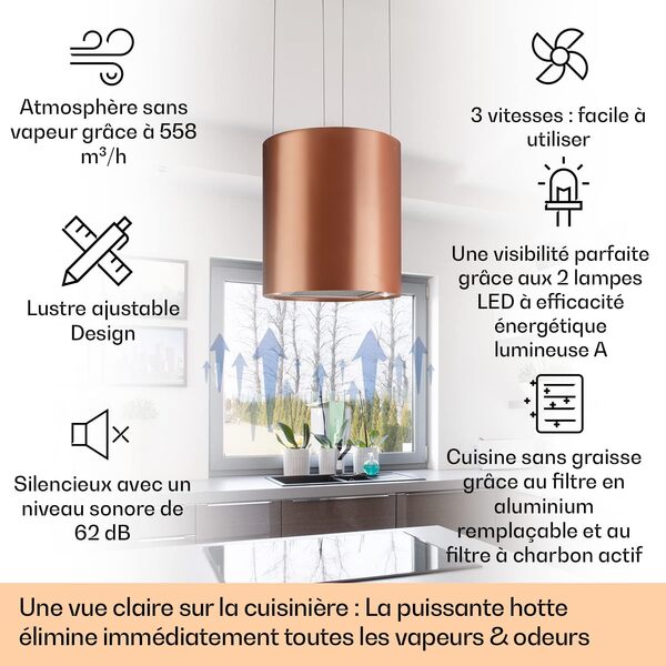 Klarstein Hotte Aspirante Ilot Central de Cuisine Silencieuse et Design, Débit d'air 558m³/h, Minuteur, 3 Modes, Hotte Aspirante Suspendue Sans Evacuation et Filtres à Charbon Actif, Hotte à Recyclage [Classe énergétique A+]
