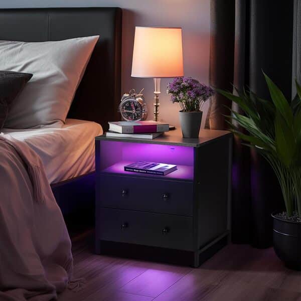 Table de nuit de 68,6 cm de large, grande table de nuit en bois avec 2 tiroirs, table de nuit LED avec station de charge et tiroir réglable, table de chevet pour salon/chambre/étude/bureau