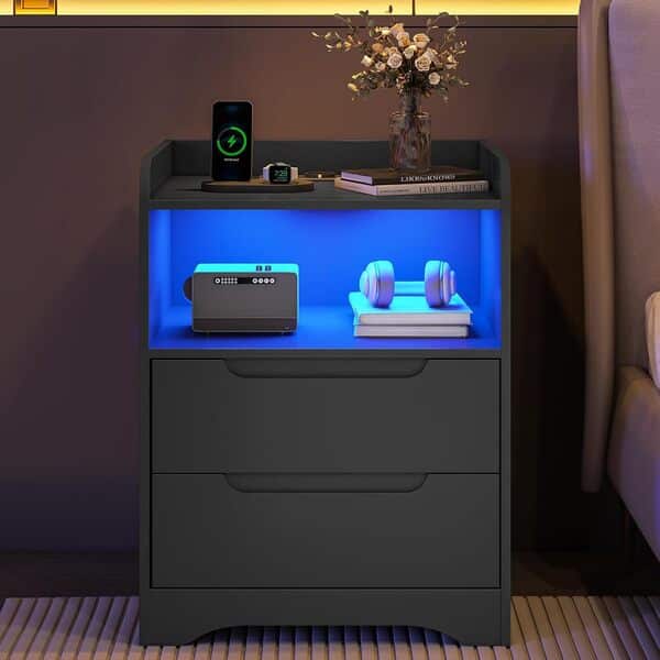 Table de Chevet Lot de 2 avec lumières LED et Multiprise (2 Prises CA, 2 Ports USB) Table de Nuit Lot de 2 avec 1 Compartiment Ouvert et 2 Tiroirs pour Salon, Chambre, Bureau, Moderne, Noir