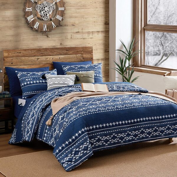 Geniospin Parure de lit 7 pièces pour grand lit – Literie moelleuse de style bohème pour toutes les saisons, lit dans un sac avec drap plat, drap-housse, taie d'oreiller et taies d'oreiller (bleu,